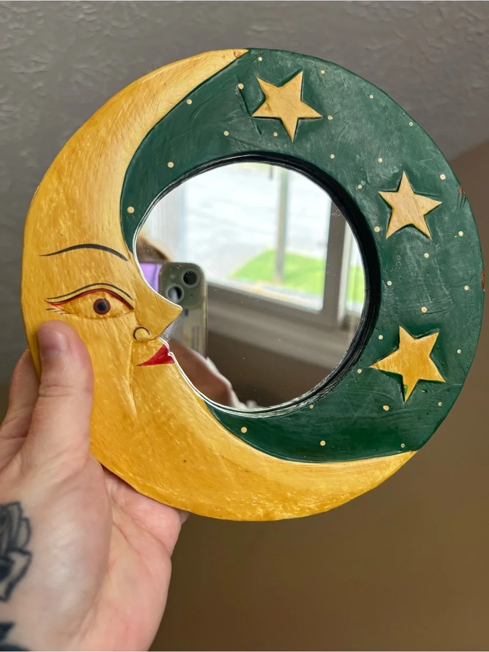 Whimsigoth 1990’s Hand-Painted Moon & Stars Wall Mirror - Yellow and Dark Green